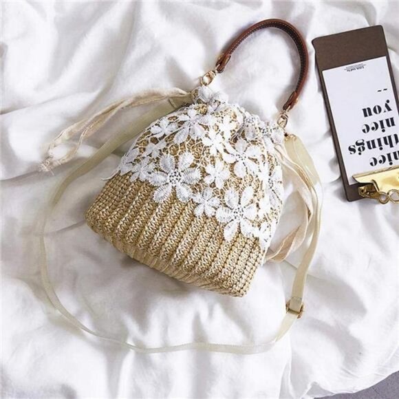 Purse Bucket Bag Lace Handmade Straw Woven Sling Handbag Shoulder Crossbody Bag - Picture 4 of 7